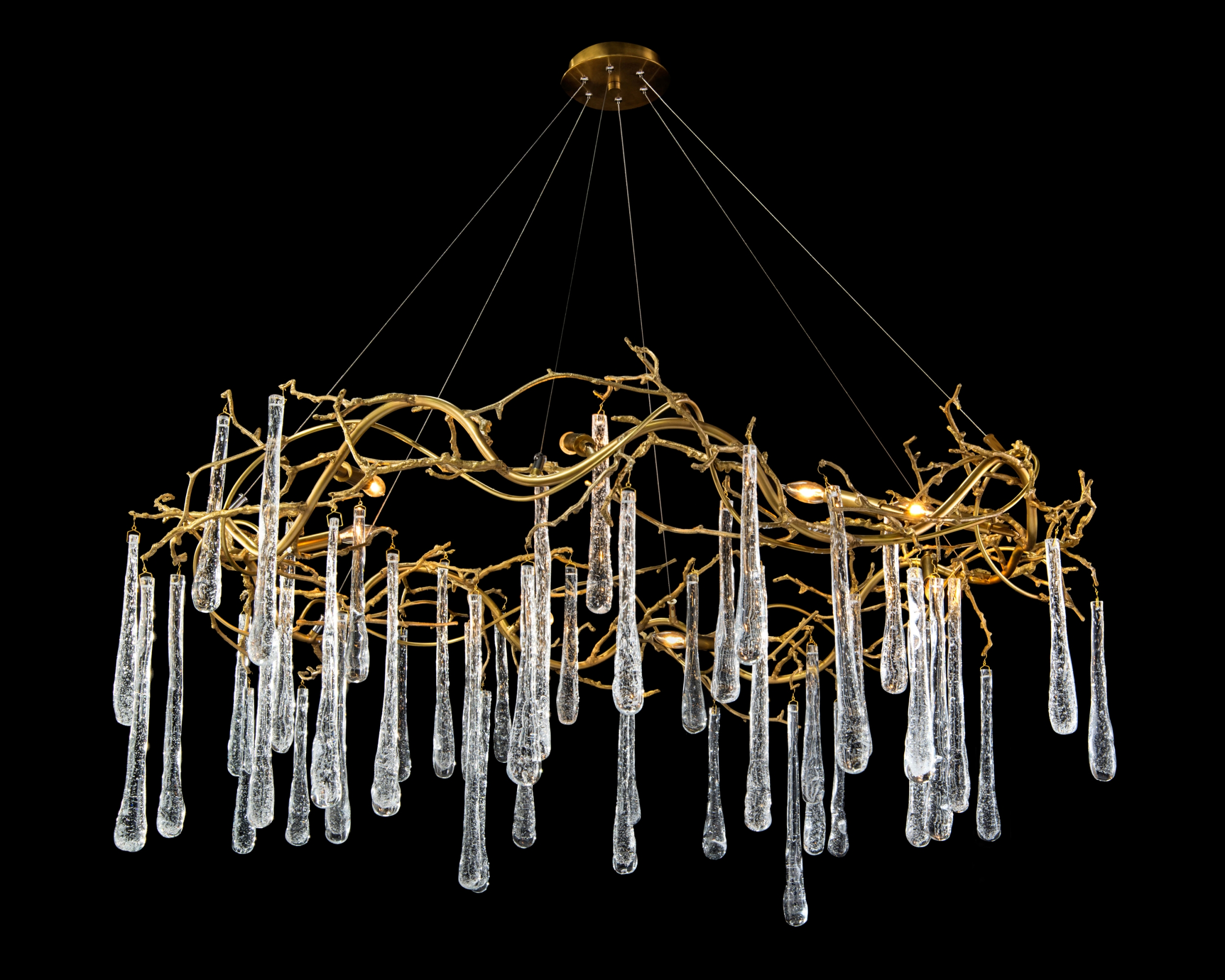 Brass And Glass Teardrop Eight-Light Chandelier