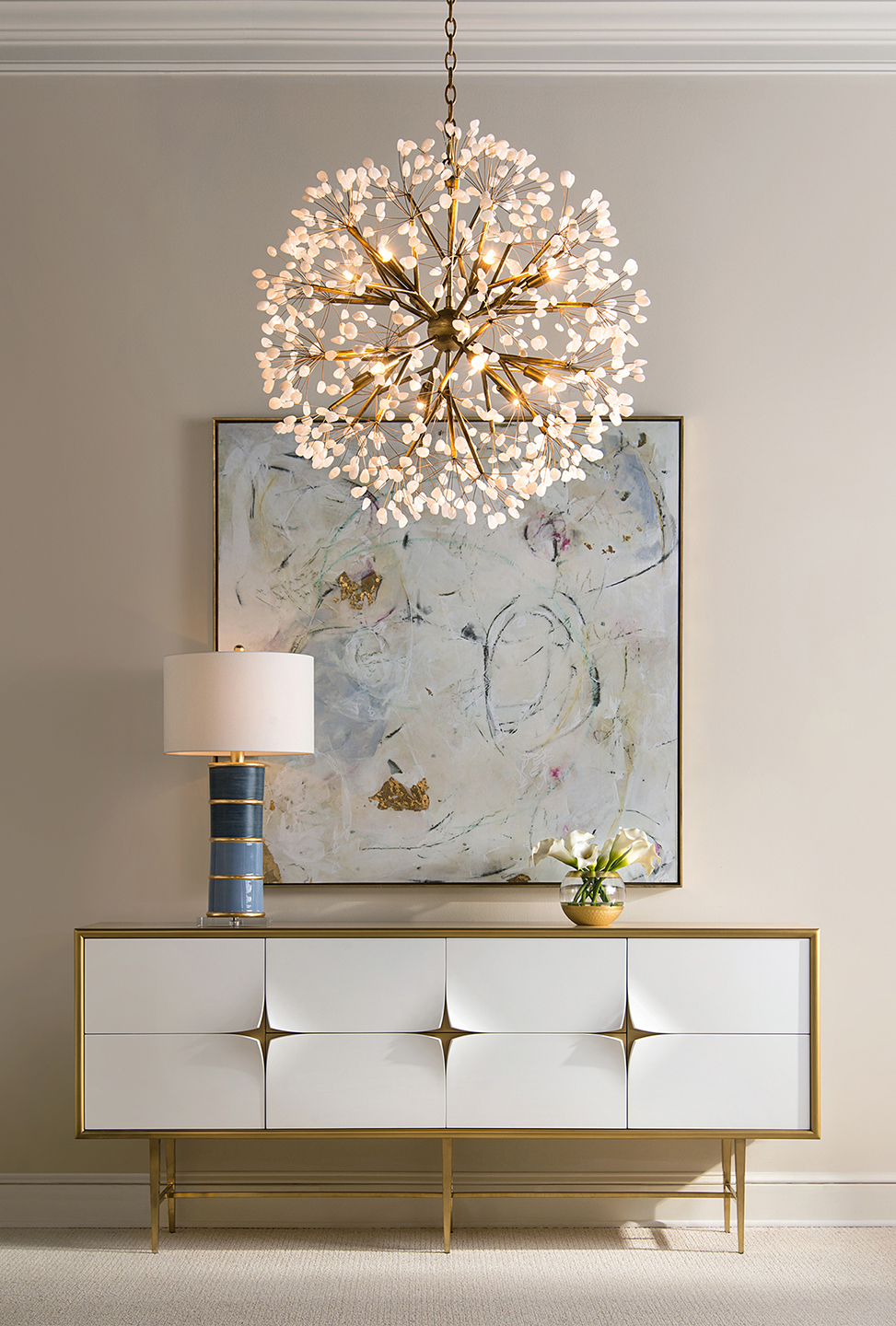 Spherical Twelve-Light Stone, Quartz Chandelier