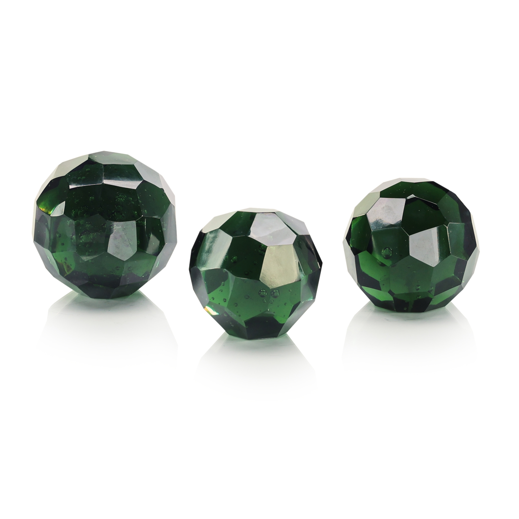 Green Cut Glass Orbs, Set of 3