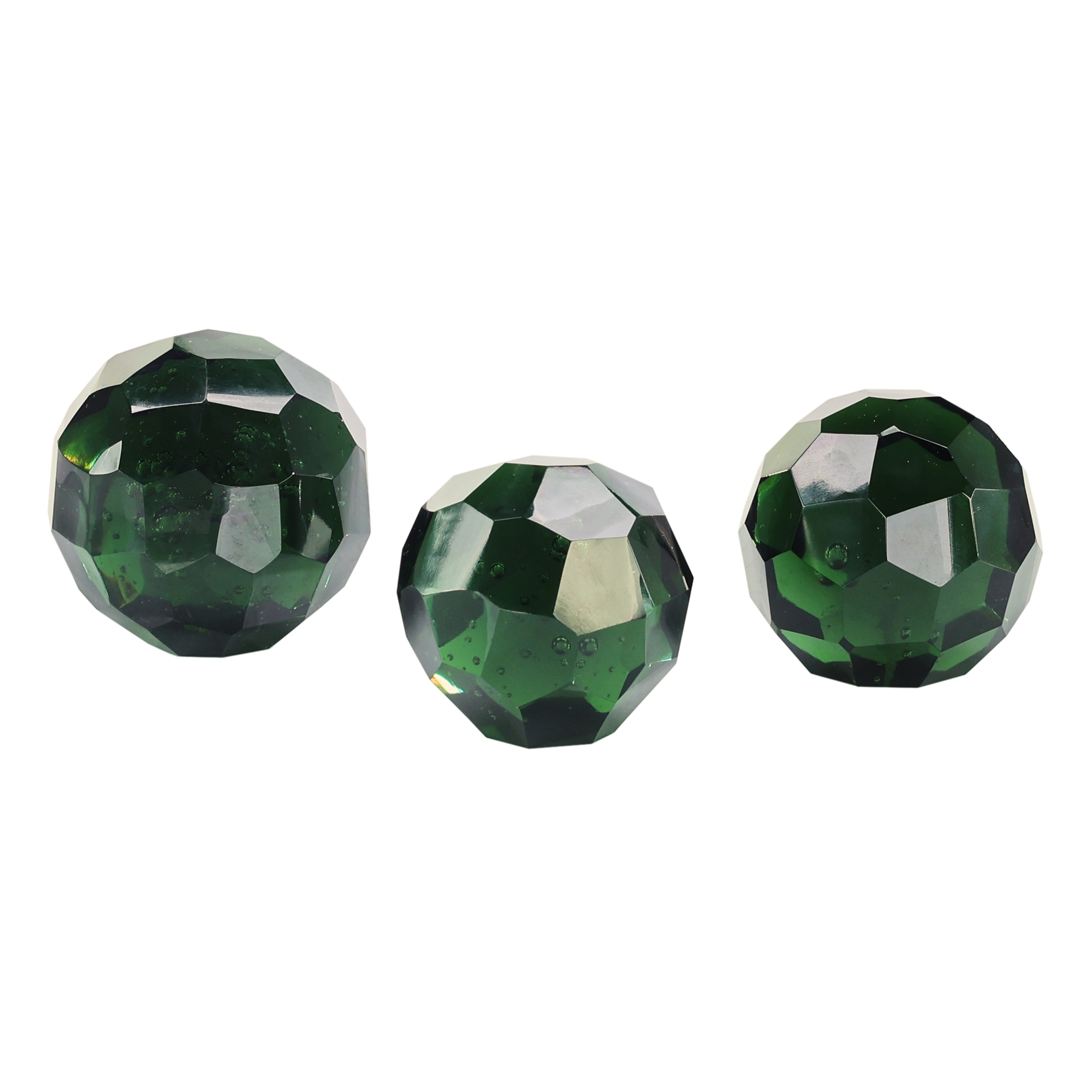 Green Cut Glass Orbs, Set of 3