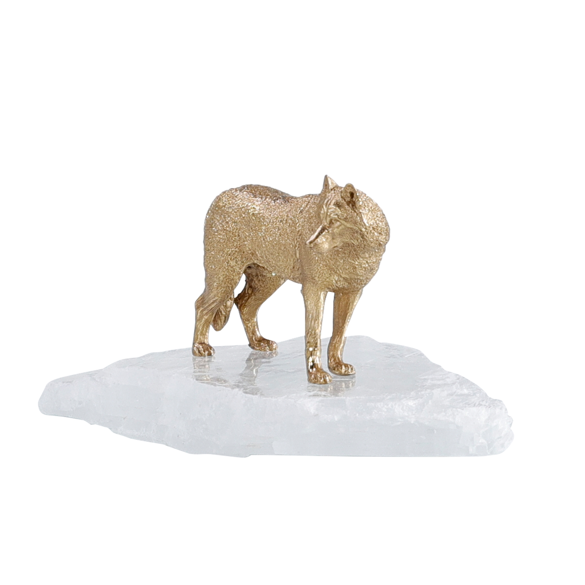 Brass Wolf Sculpture on Selenite I