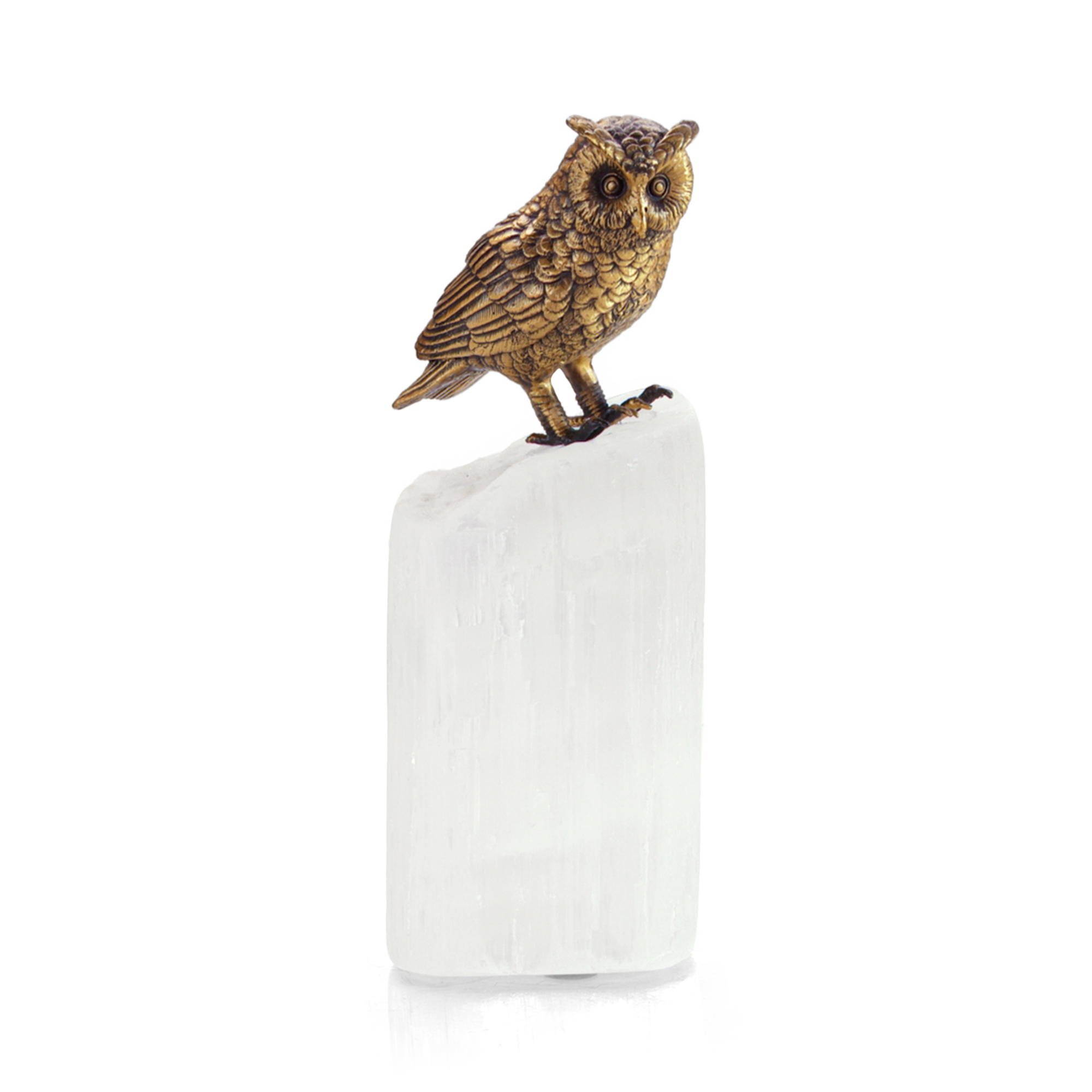 Brass Owl Sculpture on Selenite