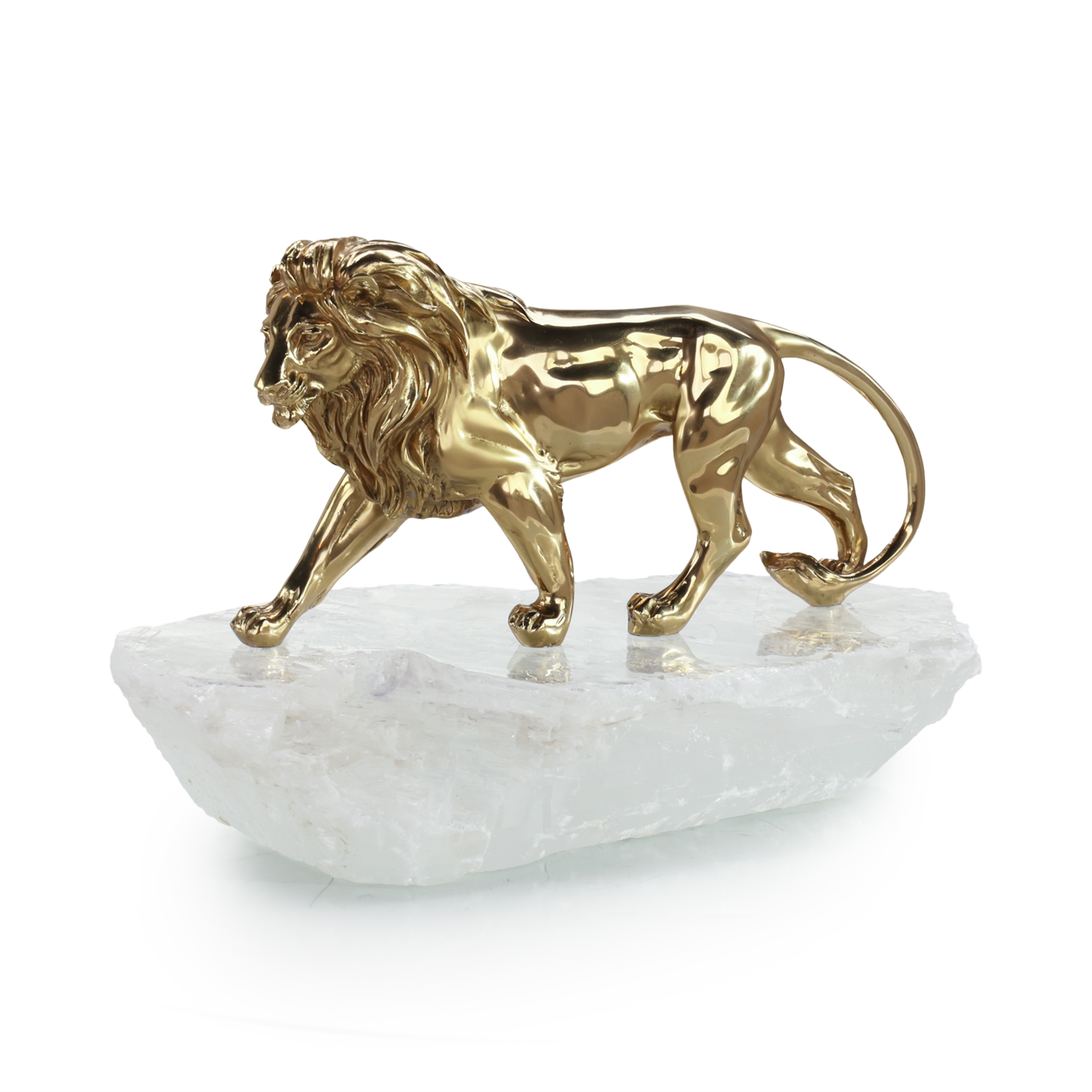 Brass Lion Sculpture on Selenite