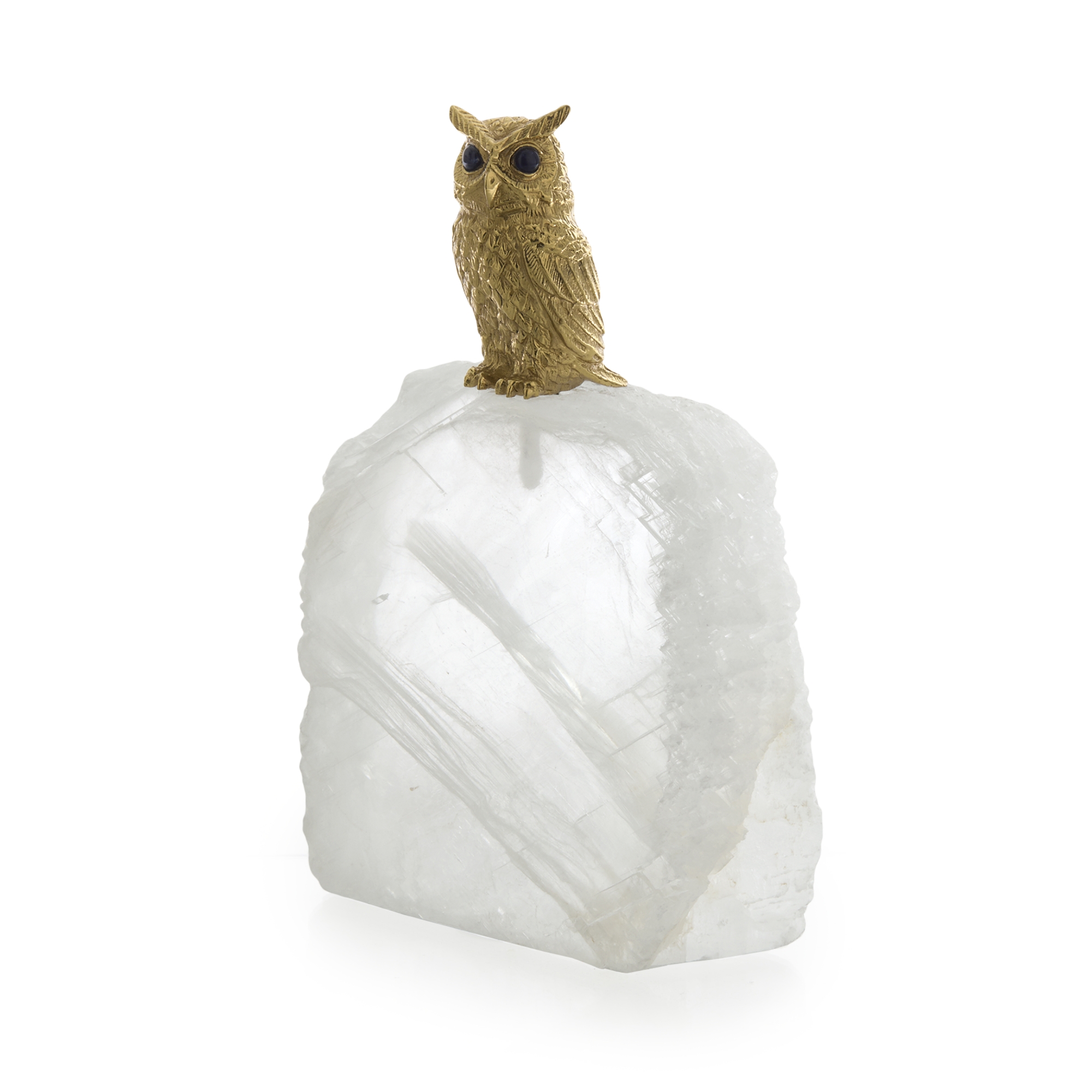 Perched Brass Owl Sculpture on Selenite, Small
